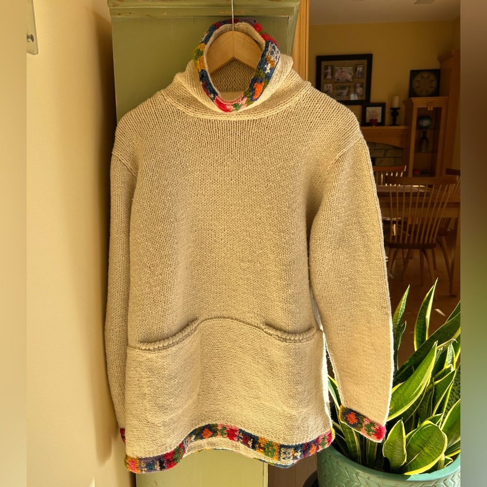 Amano 100% Wool Hand-Knit Funnel Neck Sweater Cream w/ Colorful Accents Size M/L - Picture 10 of 13